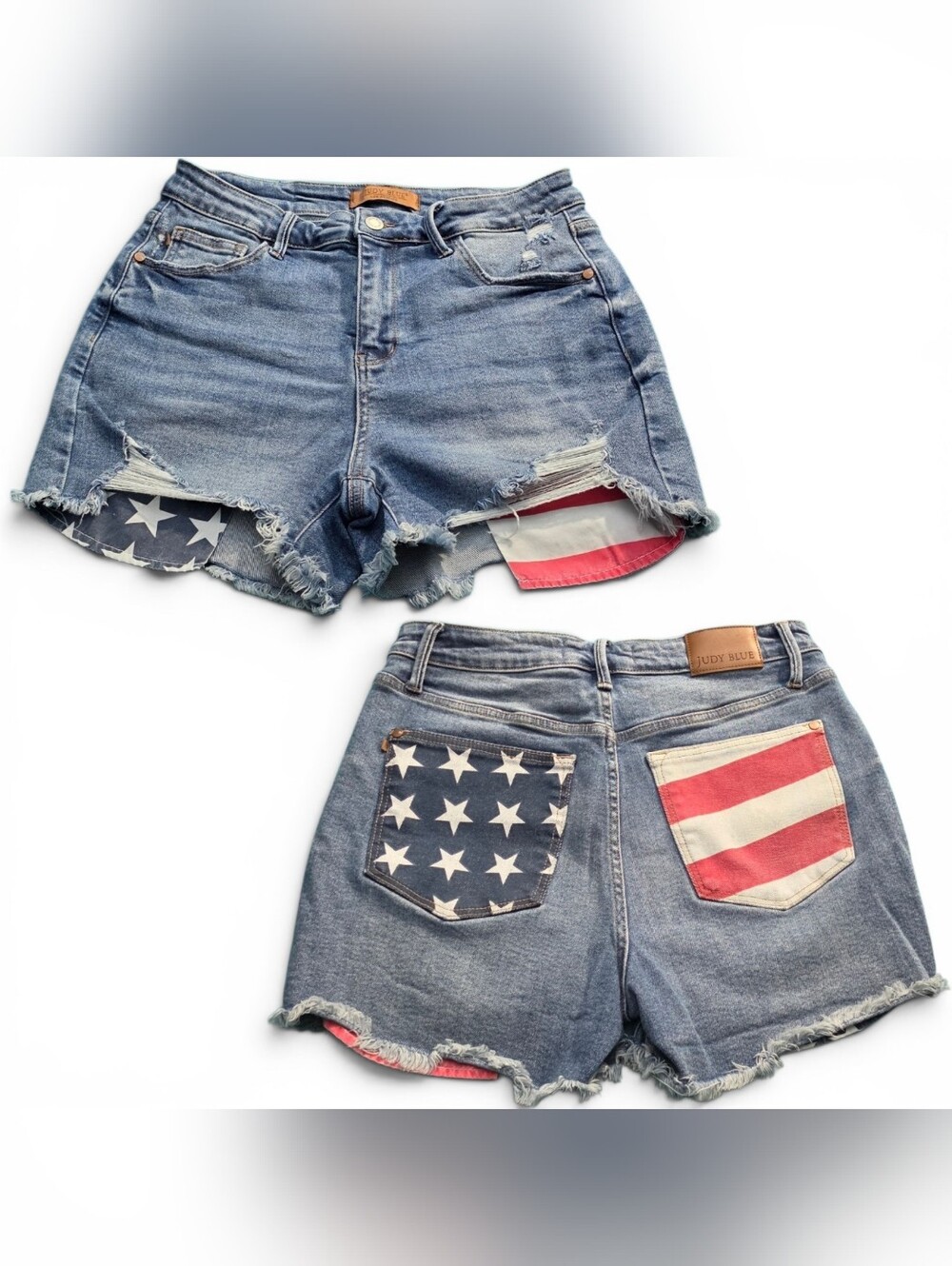 Judy Blue Women’s Distressed Denim Shorts with Flag Pocket Detail - Blue